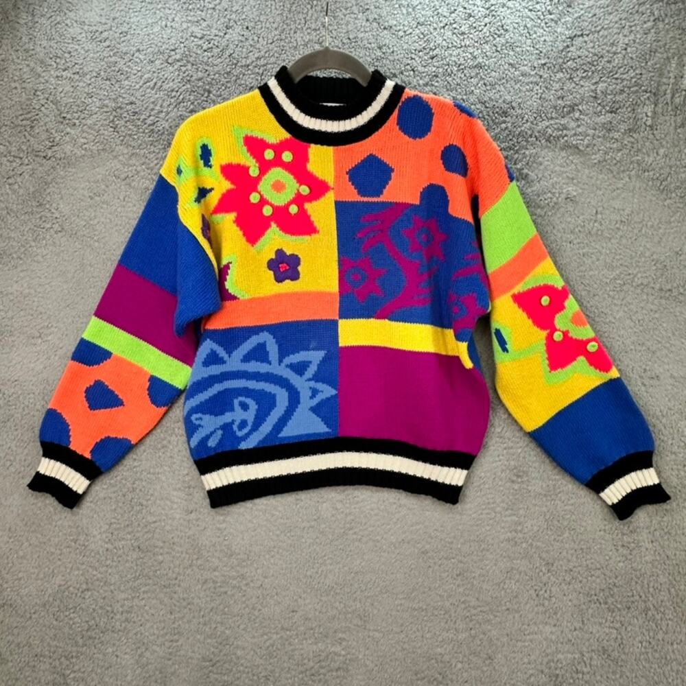VTG Obermeyer Women's Small Colorful Sweater Pullover Color Block Floral Ski